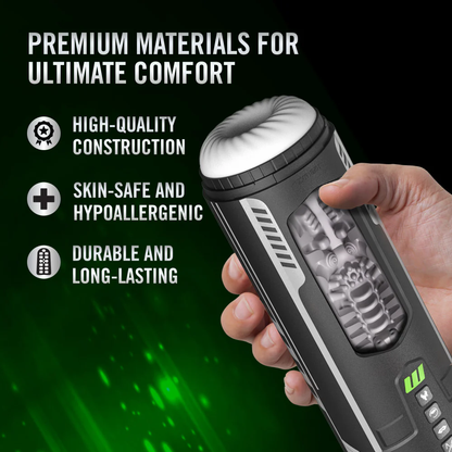 Premium Materials for ultimate comfort: High quality construction; Skin-Safe and Hypoallergenic; Durable and long lasting. On the right is an image of the Blush M For Men Master Blaster High Powered Vibrating & Sucking Stroker, without its cover cap being held.