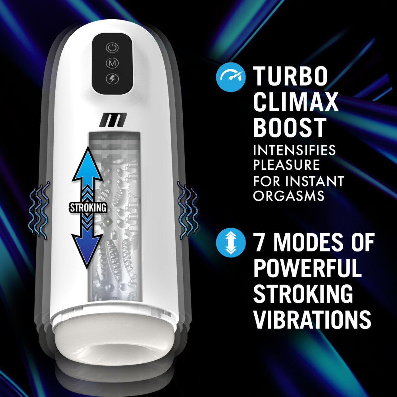 Image of the blush M For Men Robo-Bator Vibrating Powered Stroker with the bottom cap twisted off, a cutout in front of the product showing the textured inner canal, illustrated vibration waves on the side, and an up & down arrow with stroking written in the middle, indicating the stroking movement direction. Feature icons for: TURBO CLIMAX BOOST INTENSIFIES PLEASURE FOR INSTANT ORGASMS; 7 MODES OF POWERFUL STROKING VIBRATIONS.