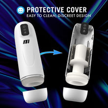 Load image into Gallery viewer, Feature icon for Protective Cover: Easy to clean, Discreet design. Image of 2 blush M For Men Robo-Bator Vibrating Powered Strokers with the bottom easy twist caps open, the stroker on the right also has the protective cover removed showing inside of the stroker.