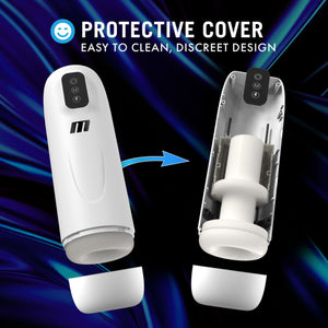 Feature icon for Protective Cover: Easy to clean, Discreet design. Image of 2 blush M For Men Robo-Bator Vibrating Powered Strokers with the bottom easy twist caps open, the stroker on the right also has the protective cover removed showing inside of the stroker.