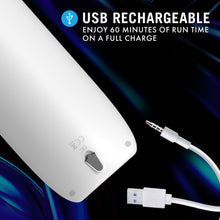 Load image into Gallery viewer, Feature icon for USB Rechargeable: ENJOY 60 MINUTES OF RUN TIME ON A FULL CHARGE. A close-up image of the back of blush M For Men Robo-Bator Vibrating Powered Stroker, and two ends of the charging cable from the right side of the image.