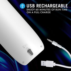Feature icon for USB Rechargeable: ENJOY 60 MINUTES OF RUN TIME ON A FULL CHARGE. A close-up image of the back of blush M For Men Robo-Bator Vibrating Powered Stroker, and two ends of the charging cable from the right side of the image.