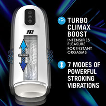 Load image into Gallery viewer, Image of the blush M For Men Robo-Bator Vibrating Powered Stroker with the bottom cap twisted off, a cutout in front of the product showing the textured inner canal, illustrated vibration waves on the side, and an up &amp; down arrow with stroking written in the middle, indicating the stroking movement direction. Feature icons for: TURBO CLIMAX BOOST INTENSIFIES PLEASURE FOR INSTANT ORGASMS; 7 MODES OF POWERFUL STROKING VIBRATIONS.
