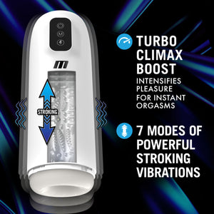 Image of the blush M For Men Robo-Bator Vibrating Powered Stroker with the bottom cap twisted off, a cutout in front of the product showing the textured inner canal, illustrated vibration waves on the side, and an up & down arrow with stroking written in the middle, indicating the stroking movement direction. Feature icons for: TURBO CLIMAX BOOST INTENSIFIES PLEASURE FOR INSTANT ORGASMS; 7 MODES OF POWERFUL STROKING VIBRATIONS.