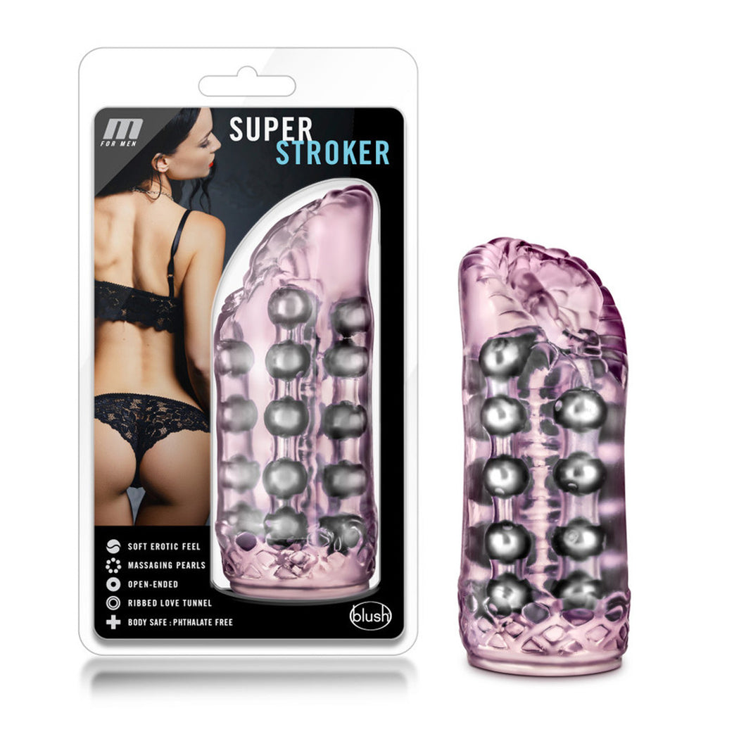 On the left side of the image is the product packaging. On the packaging is the M for Men logo, product name: Super stroker, back side view of a female in lingerie, the stroker visible through clear packaging, product feature icons for: SOFT EROTIC FEEL; MASSAGING PEARLS; OPEN-ENDED; RIBBED LOVE TUNNEL; BODY SAFE: PHTHALATE FREE, and the blush logo in the bottom right. Beside the packaging is the stroker standing up.