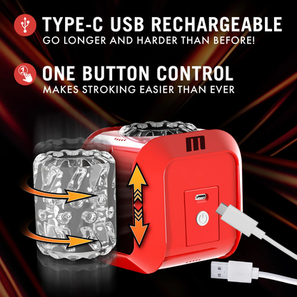 Image of the blush M For Men Slambox Thrusting & Rotating Stroker and beside is the inner canal of the stroker with arrows pointing around for rotation and up & down for thrusting movements. On the bottom right us a mini usb charging cable showing the charging port connector. Above are the product feature icons for: Type-C USB Rechargeable Go longer and harder than before!; One button control: Makes stroking easier than ever.