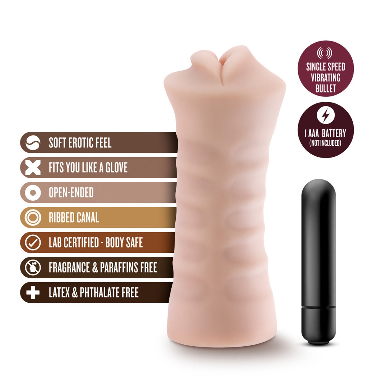 blush M For Men Skye Vibrating Stroker features: SOFT EROTIC FEEL; FITS YOU LIKE A GLOVE; OPEN-ENDED; RIBBED CANAL; LAB CERTIFIED - BODY SAFE; FRAGRANCE & PARAFFINS FREE; LATEX & PHTHALATE FREE; SINGLE SPEED VIBRATING BULLET; 1 AAA BATTERY (NOT INCLUDED).