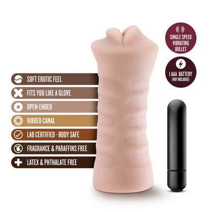 blush M For Men Skye Vibrating Stroker features: SOFT EROTIC FEEL; FITS YOU LIKE A GLOVE; OPEN-ENDED; RIBBED CANAL; LAB CERTIFIED - BODY SAFE; FRAGRANCE & PARAFFINS FREE; LATEX & PHTHALATE FREE; SINGLE SPEED VIBRATING BULLET; 1 AAA BATTERY (NOT INCLUDED).