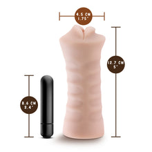 Load image into Gallery viewer, blush M For Men Skye Vibrating Stroker measurements: Product width: 4.5 centimetres / 1.75 inches; Bullet Vibrator length: 8.6 centimetres / 3.4 inches; Stroker length: 12.7 centimetres / 5 inches.