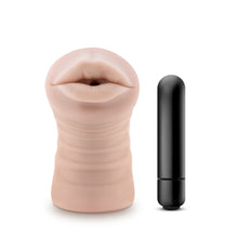 Load image into Gallery viewer, Front top view of the blush M For Men Skye Vibrating Stroker, with the bullet vibrator standing beside.