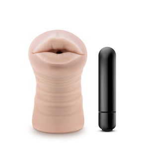 Front top view of the blush M For Men Skye Vibrating Stroker, with the bullet vibrator standing beside.