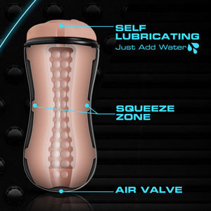 blush M For Men Soft + Wet Pussy With Pleasure Orbs Self Lubricating Stroker features: Self Lubricating Just Add Water (pointing at the insertion hole); Squeeze zone (Pointing to the middle, and at both sides of the stroker); Air Valve (pointing at the bottom of the stroker).