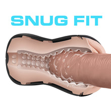 Load image into Gallery viewer, Snug Fit. An illustration of the blush M For Men Soft + Wet Pussy With Pleasure Orbs Self Lubricating Stroker&#39;s inside canal, with a penis-like object is tightly inserted, with lubrication around it.