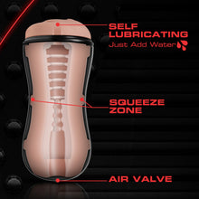 Load image into Gallery viewer, blush M For Men Soft + Wet Pussy With Pleasure Ridges And Orbs Self Lubricating Stroker features: Self Lubricating Just Add Water (pointing at the insertion hole); Squeeze zone (Pointing to the middle, and at both sides of the stroker); Air Valve (pointing at the bottom of the stroker).