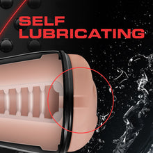 Load image into Gallery viewer, Self Lubricating, with front end of the blush M For Men Soft + Wet Pussy With Pleasure Ridges And Orbs Self Lubricating Stroker, with water splashes around it, indicating lubrication.
