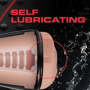 Self Lubricating, with front end of the blush M For Men Soft + Wet Pussy With Pleasure Ridges And Orbs Self Lubricating Stroker, with water splashes around it, indicating lubrication.