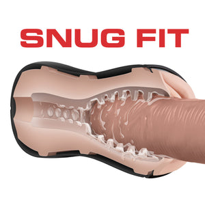 Snug Fit. An illustration of the blush M For Men Soft + Wet Pussy With Pleasure Ridges And Orbs Self Lubricating Stroker's inside canal, with a penis-like object is tightly inserted, with lubrication around it.