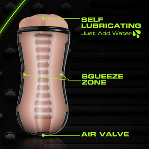 blush M For Men Soft + Wet Pussy With Pleasure Ridges Self Lubricating Stroker features: Self Lubricating Just Add Water (pointing at the insertion hole); Squeeze zone (Pointing to the middle, and at both sides of the stroker); Air Valve (pointing at the bottom of the stroker).