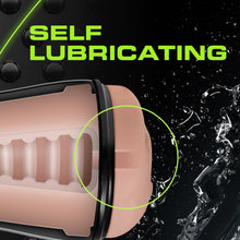 Load image into Gallery viewer, Self Lubricating, with front end of the blush M For Men Soft + Wet Pussy With Pleasure Ridges Self Lubricating Stroker, with water splashes around it, indicating lubrication.