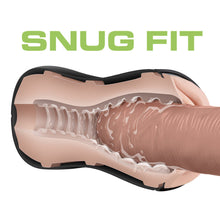 Load image into Gallery viewer, Snug Fit. An illustration of the blush M For Men Soft + Wet Pussy With Pleasure Ridges Self Lubricating Stroker&#39;s inside canal, with a penis-like object is tightly inserted, with lubrication around it.