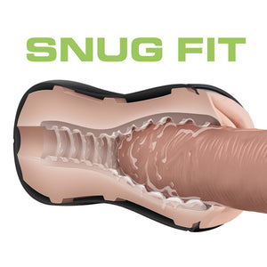 Snug Fit. An illustration of the blush M For Men Soft + Wet Pussy With Pleasure Ridges Self Lubricating Stroker's inside canal, with a penis-like object is tightly inserted, with lubrication around it.