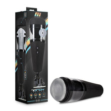 Load image into Gallery viewer, On left side of image is product packaging. On left side of packaging is image of product with features: Cap for discreet storage; Control suction amount; Realistic moaning. Front of package has M for Men logo, image of Male Masturbator, with a close up image of canal, product name: Torch Joyride, product feature icons for: Soft realistic feel; Ribbed canal; Easy to love &amp; clean; Rechargeable, and below blush logo. Beside package is product, laying on its side.
