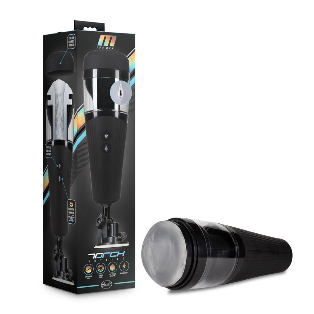 On left side of image is product packaging. On left side of packaging is image of product with features: Cap for discreet storage; Control suction amount; Realistic moaning. Front of package has M for Men logo, image of Male Masturbator, with a close up image of canal, product name: Torch Joyride, product feature icons for: Soft realistic feel; Ribbed canal; Easy to love & clean; Rechargeable, and below blush logo. Beside package is product, laying on its side.