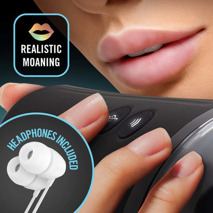 An icon for realistic moaning. A close up of a woman's lower face, while holding the side of the blush M For Men Torch Joyride Male Masturbator close to her lips, with her finger hovering above the Realistic moaning button. An image in the lower left of earphones, and caption: Headphones included.