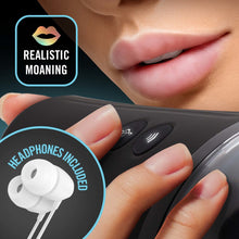 Load image into Gallery viewer, An icon for realistic moaning. A close up of a woman&#39;s lower face, while holding the side of the blush M For Men Torch Joyride Male Masturbator close to her lips, with her finger hovering above the Realistic moaning button. An image in the lower left of earphones, and caption: Headphones included.