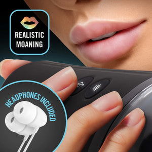 An icon for realistic moaning. A close up of a woman's lower face, while holding the side of the blush M For Men Torch Joyride Male Masturbator close to her lips, with her finger hovering above the Realistic moaning button. An image in the lower left of earphones, and caption: Headphones included.