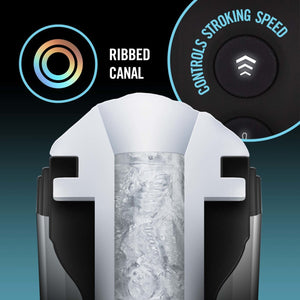 At the top is an icon for ribbed canal, a close up image of the button that controls stroking speed, and a cut away view of the ribbed tunnel inside the blush M For Men Torch Joyride Male Masturbator.