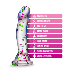 blush Neo Elite Hanky Panky 7.5 Inch Silicone Glow In The Dark Dildo features: PURIO LIQUID SILICONE; INDIVIDUALLY HAND-CRAFTED; GLOWS IN THE DARK; G & P SPOT STIMULATION; STRONG SUCTION CUP; HARNESS COMPATIBLE; LAB TESTED BODY SAFE; FRAGRANCE FREE & PARAFFIN FREE; LATEX FREE & PHTHALATE FREE.