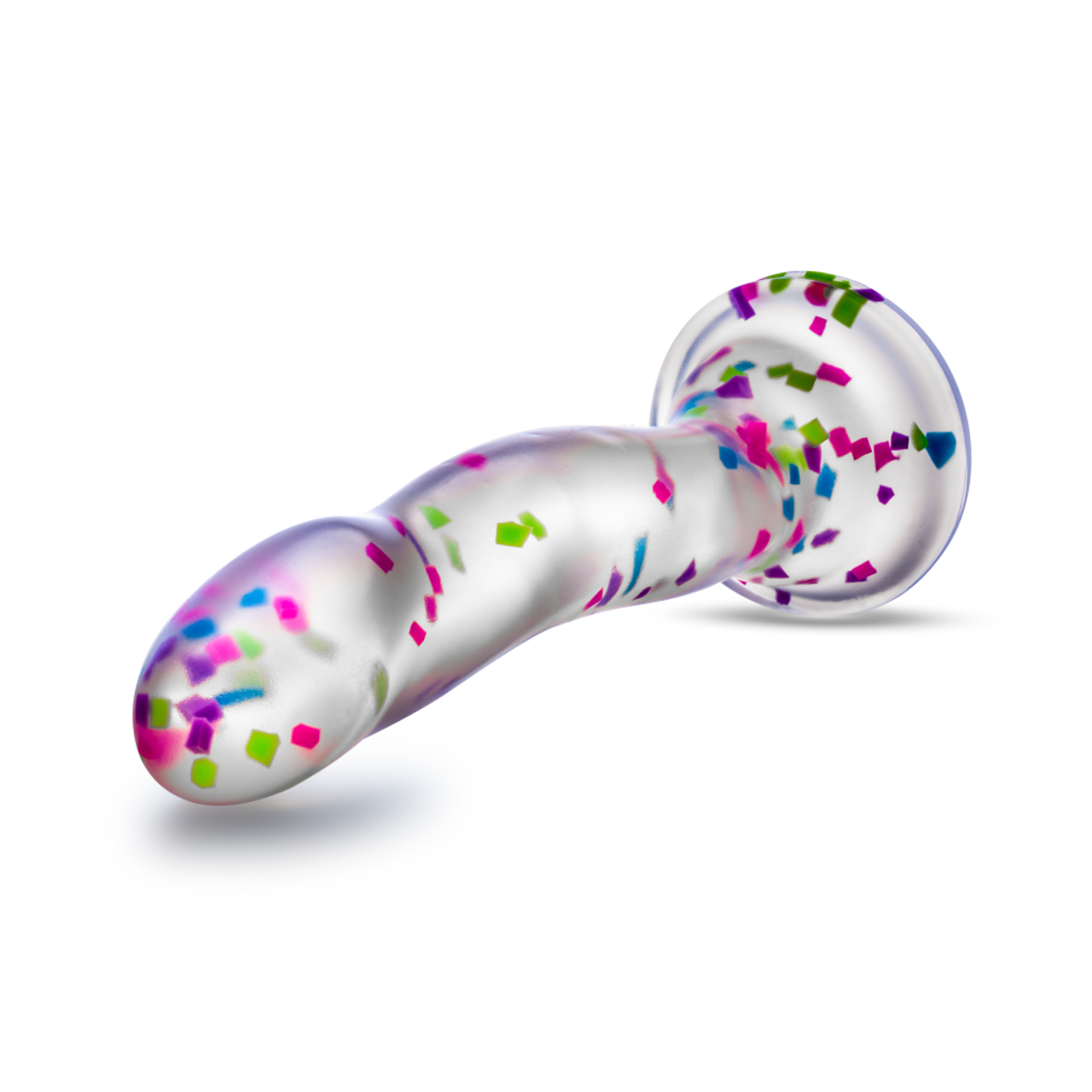 Front top side view of the blush Neo Elite Hanky Panky 7.5 Inch Silicone Glow In The Dark Dildo