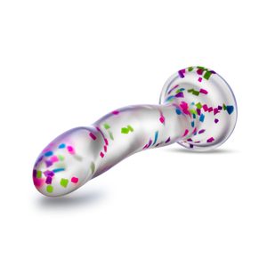 Front top side view of the blush Neo Elite Hanky Panky 7.5 Inch Silicone Glow In The Dark Dildo