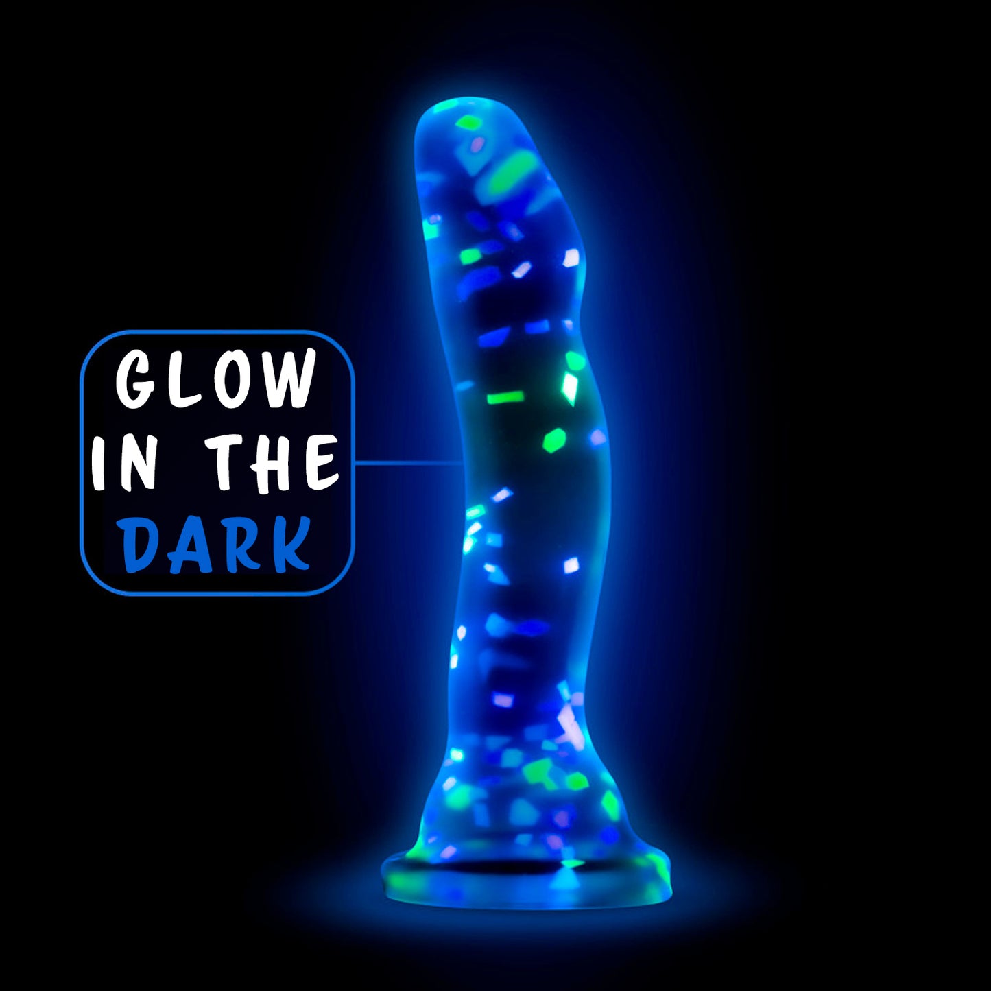 blush Neo Elite Hanky Panky 7.5 Inch Silicone Glow In The Dark Dildo glowing in the dark, with descriptive text: Glow In the dark, pointing to the product.