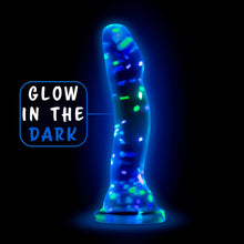 Load image into Gallery viewer, blush Neo Elite Hanky Panky 7.5 Inch Silicone Glow In The Dark Dildo glowing in the dark, with descriptive text: Glow In the dark, pointing to the product.