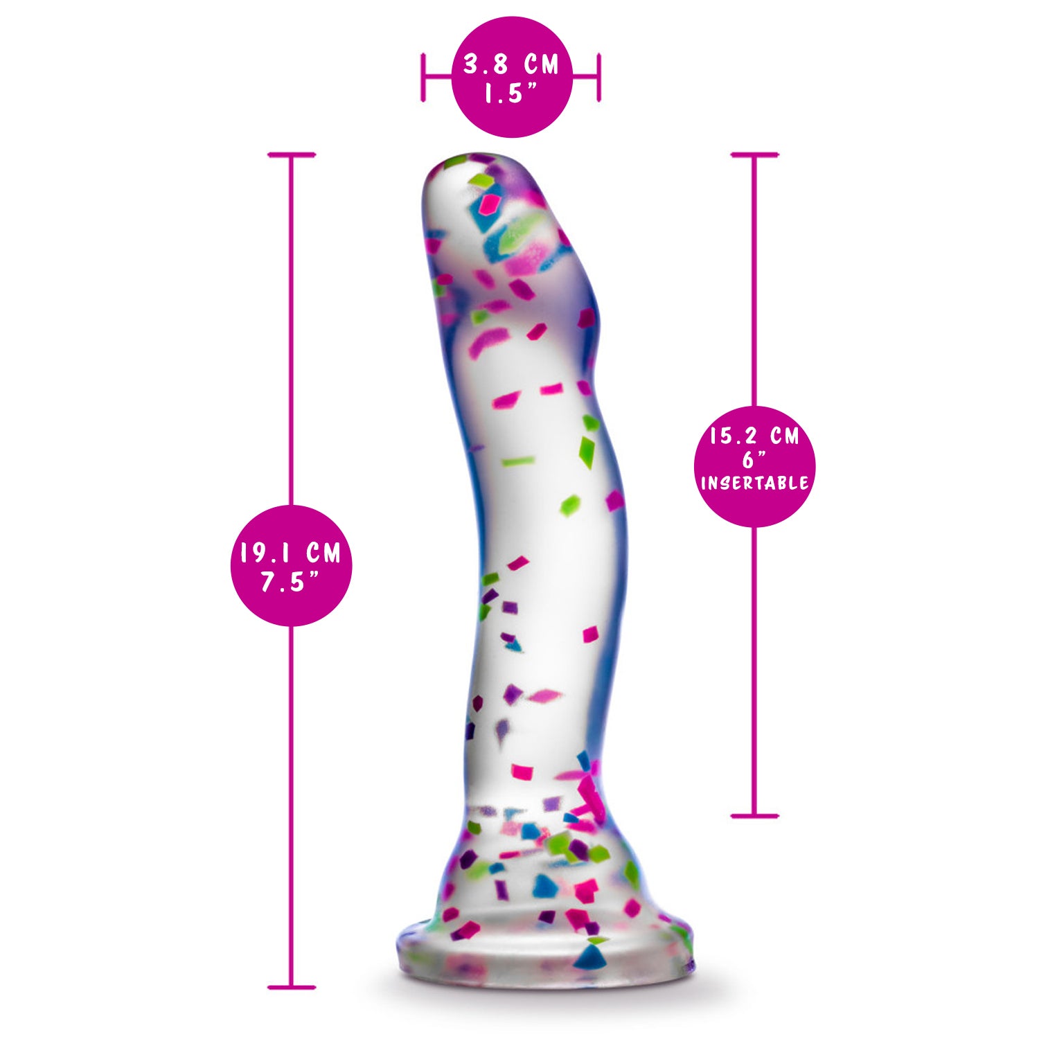 blush Neo Elite Hanky Panky 7.5 Inch Silicone Glow In The Dark Dildo measurements: Insertable width: 3.8 cm / 1.5 inches; Product length: 19.1 centimetres / 7.5 inches; Insertable length: 15.2 centimetres / 6 inches.