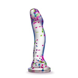 Side view of the blush Neo Elite Hanky Panky 7.5 Inch Silicone Glow In The Dark Dildo, standing on its suction cup base.