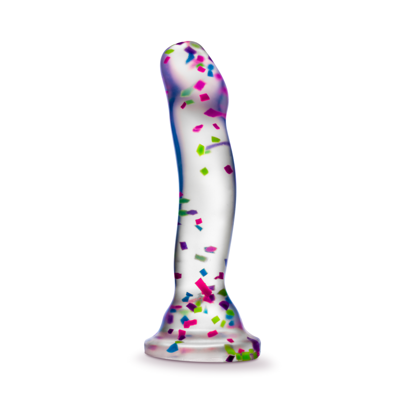 Top side view of the blush Neo Elite Hanky Panky 7.5 Inch Silicone Glow In The Dark Dildo, standing on its suction cup base.