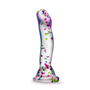 Top side view of the blush Neo Elite Hanky Panky 7.5 Inch Silicone Glow In The Dark Dildo, standing on its suction cup base.