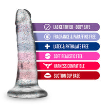 Load image into Gallery viewer, blush Naturally Yours 5.5 Inch Glitter Dong features: LAB CERTIFIED - BODY SAFE; FRAGRANCE &amp; PARAFFINS FREE; LATEX &amp; PHTHALATE FREE; SOFT REALISTIC FEEL; HARNESS COMPATIBLE; SUCTION CUP BASE.