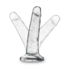 Load image into Gallery viewer, side view of the blush Naturally Yours 5.5 Inch Glitter Dong with an illustration of the shaft pointing in two separate directions, showing the flexibility of the product.