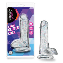 Load image into Gallery viewer, On the left side of the image is the product packaging. On the packaging is the Naturally yours logo, product name: 6 Inch Glitter Cock, the product inside that&#39;s visible through clear packaging, and product feature icons for: Ultra soft; Harness compatible; Suction cup base; Laboratory certified - Body safe. Beside the packaging is the blush Naturally Yours 6 Inch Glitter Cock, standing on its suction cup base.