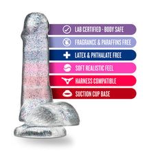 Load image into Gallery viewer, blush Naturally Yours 6 Inch Glitter Cock features: LAB CERTIFIED - BODY SAFE; FRAGRANCE &amp; PARAFFINS FREE; LATEX &amp; PHTHALATE FREE; SOFT REALISTIC FEEL; HARNESS COMPATIBLE; SUCTION CUP BASE.