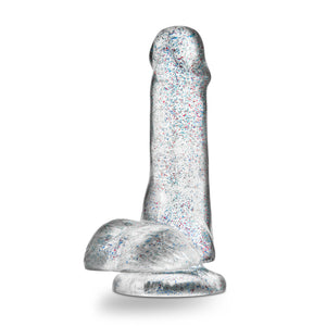 Bottom side view of the blush Naturally Yours 6 Inch Glitter Cock, placed on its suction cup base.