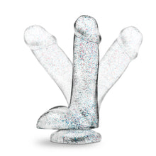 Load image into Gallery viewer, Side view of the blush Naturally Yours 6 Inch Glitter Cock, placed on its suction cup, with a faded illustration of the shaft pointing in two seperate directions, showing the flexibility of the shaft.