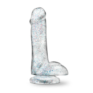 Side view of the blush Naturally Yours 6 Inch Glitter Cock, placed on its suction cup base.