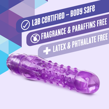 Load image into Gallery viewer, Front side image of the blush Naturally Yours Bumb N&#39; Grind Vibrator, with product feature icons for: Lab certified - Body safe; Fragrance &amp; paraffins free; Latex &amp; phthalate free.