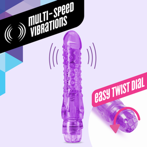 Image title  Mult-Speed vibrations, side view of the blush Naturally Yours Bump N' Grind Vibrator, with air waves coming from the top of the vibrator, showing where the vibrations are on the product. In the bottom right corner is a separate image focusing on the base of the product with an arrow pointing counter clockwise with caption: East twist dial.