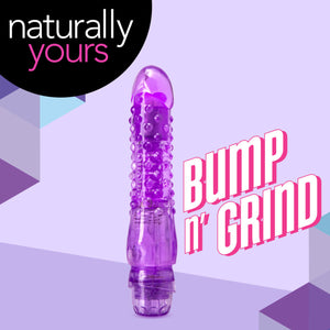 Naturally yours logo in the top left of the image. in the middle is a bottom side view of the vibrator, vertically placed, and the product name to the right: Bump n' Grind.
